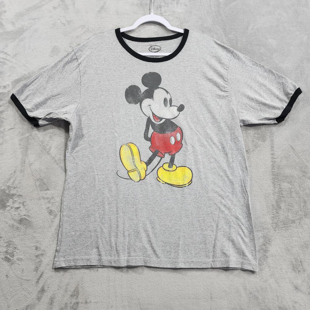 Disney Shirt Womens XL Gray Mickey Mouse Graphic Ringer Tee T-Shirt Retro Casual